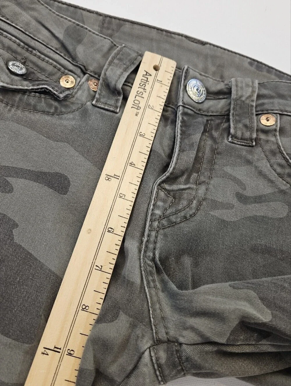 True Religion Green Camo Super Skinny Jeans Pants Size 28 Zipper Ankle Low Rise